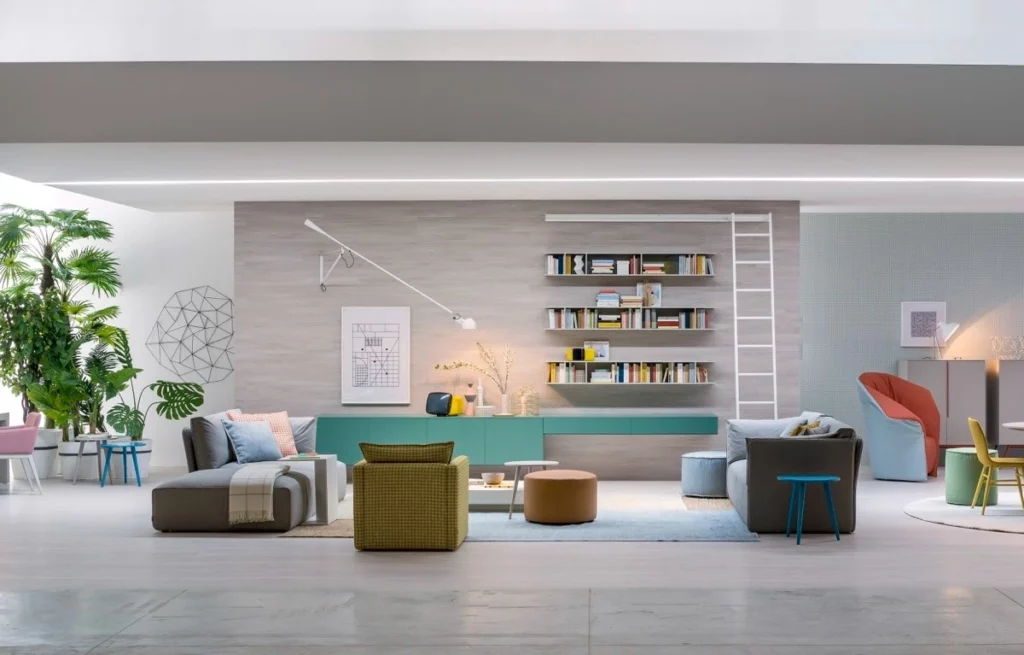 book-shelves-turquoise-bench-living-room