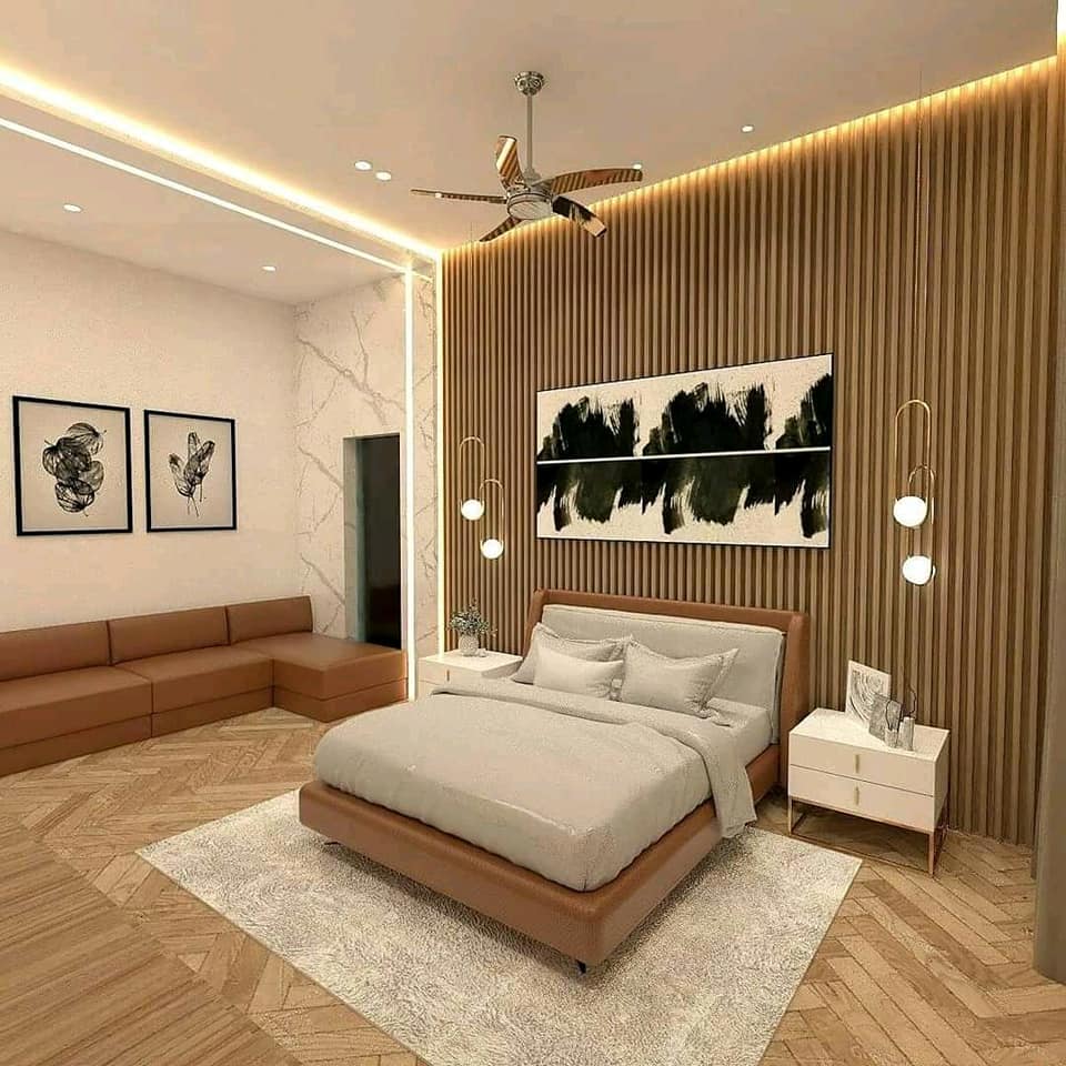 golden-and-brown-color-combination-of-bedroom-interior-design-noida