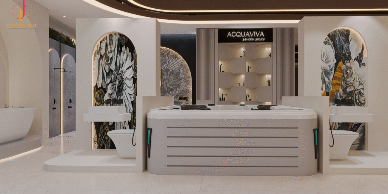 Modern reception counter at Acquaviva commercial project, Indore by Designbot Interiors
