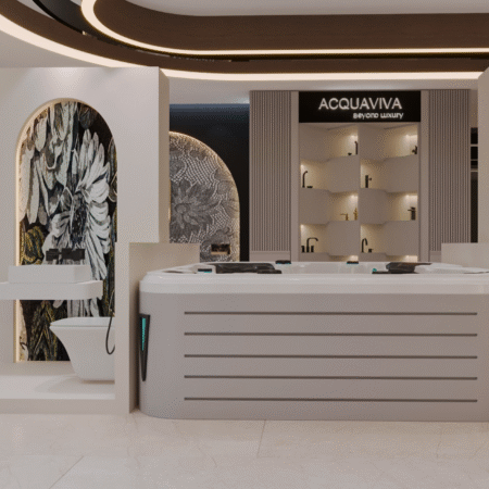 Modern reception counter at Acquaviva commercial project, Indore by Designbot Interiors