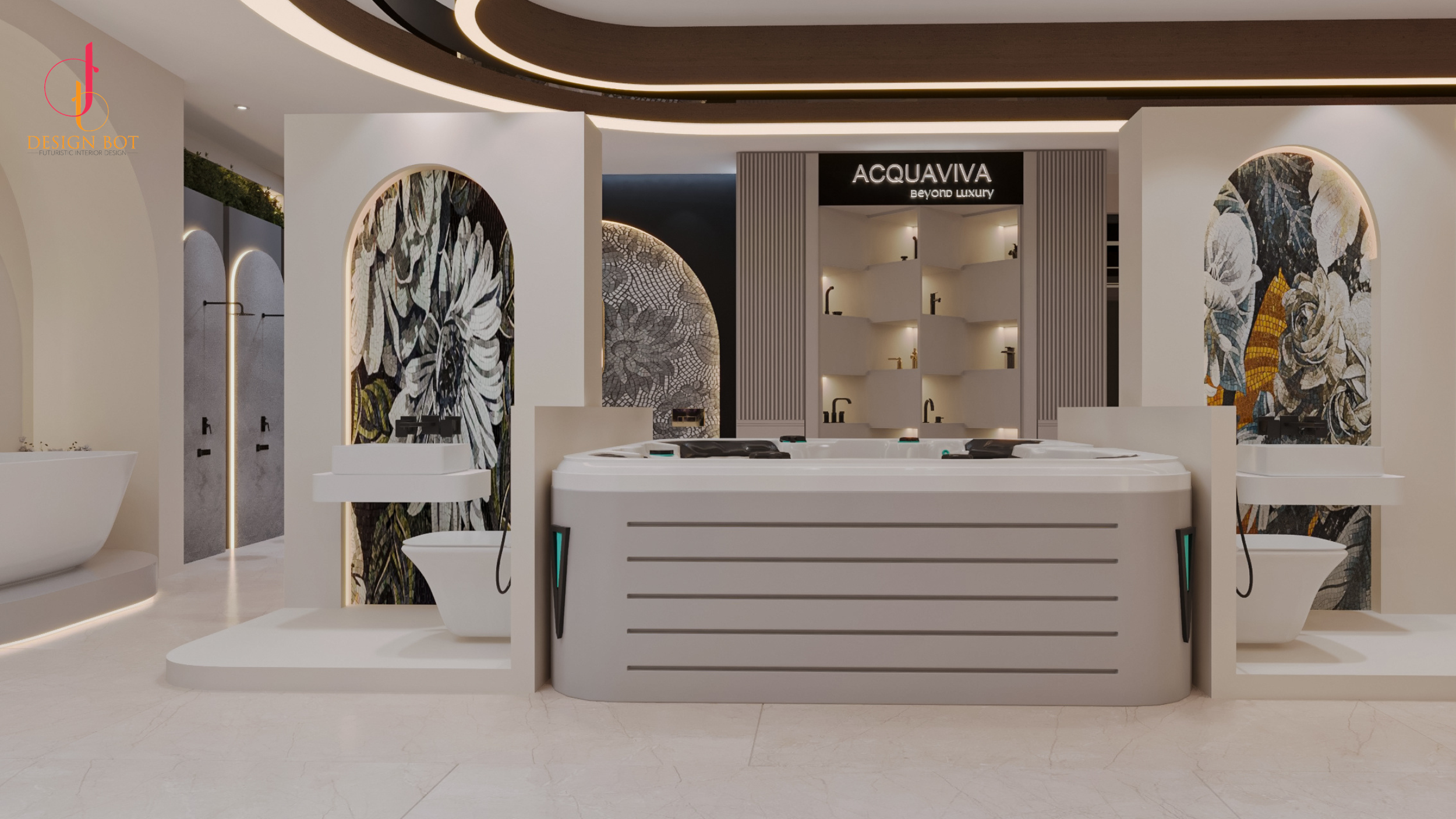 Modern reception counter at Acquaviva commercial project, Indore by Designbot Interiors